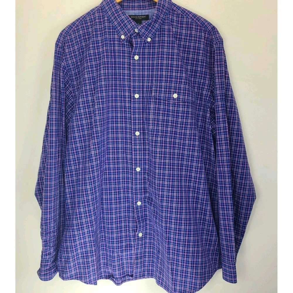 Banana Republic Soft Wash Shirt Mens XL Purple Blue Plaid Button Down Cotton